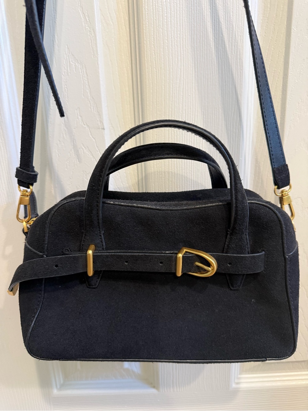 Madewell Black Suede Satchel with Gold Buckle